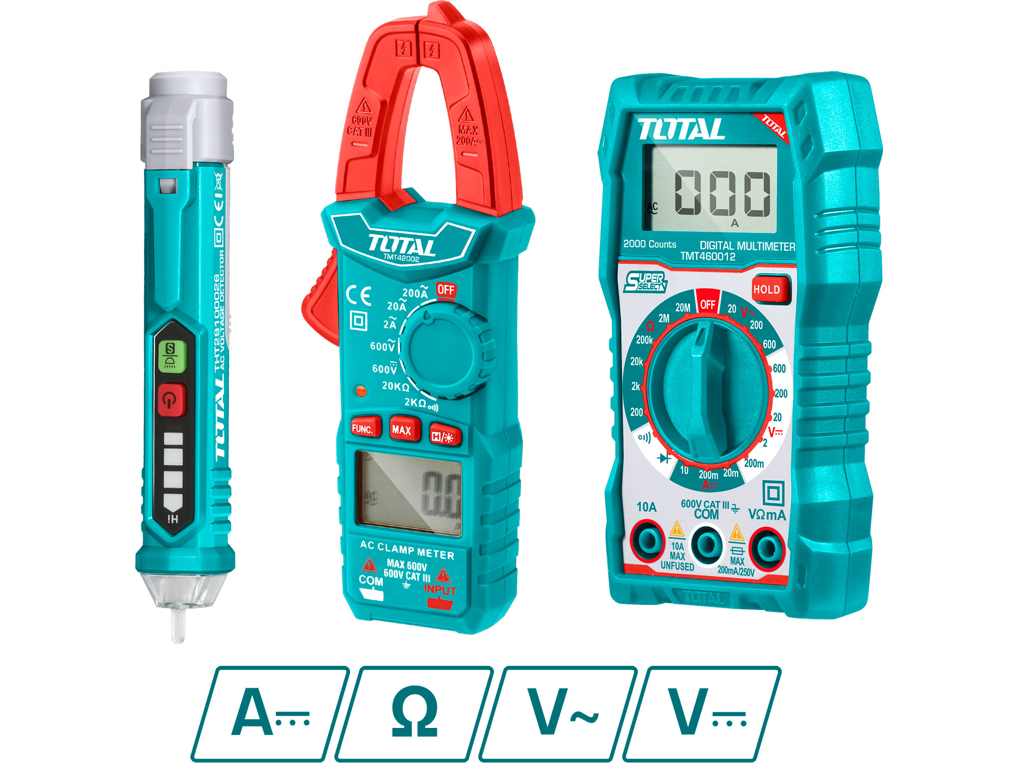 Set aus Digitalmultimeter, Zangenmultimeter und Wechselspannungsprüfer, Total Set aus Digitalmultimeter, Zangenmultimeter und Wechselspannungsprüfer, Total